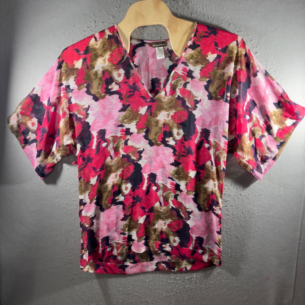 3265 | Tommy Bahama Sheer Floral Tunic Beach Cover Up Pink Multi Women S